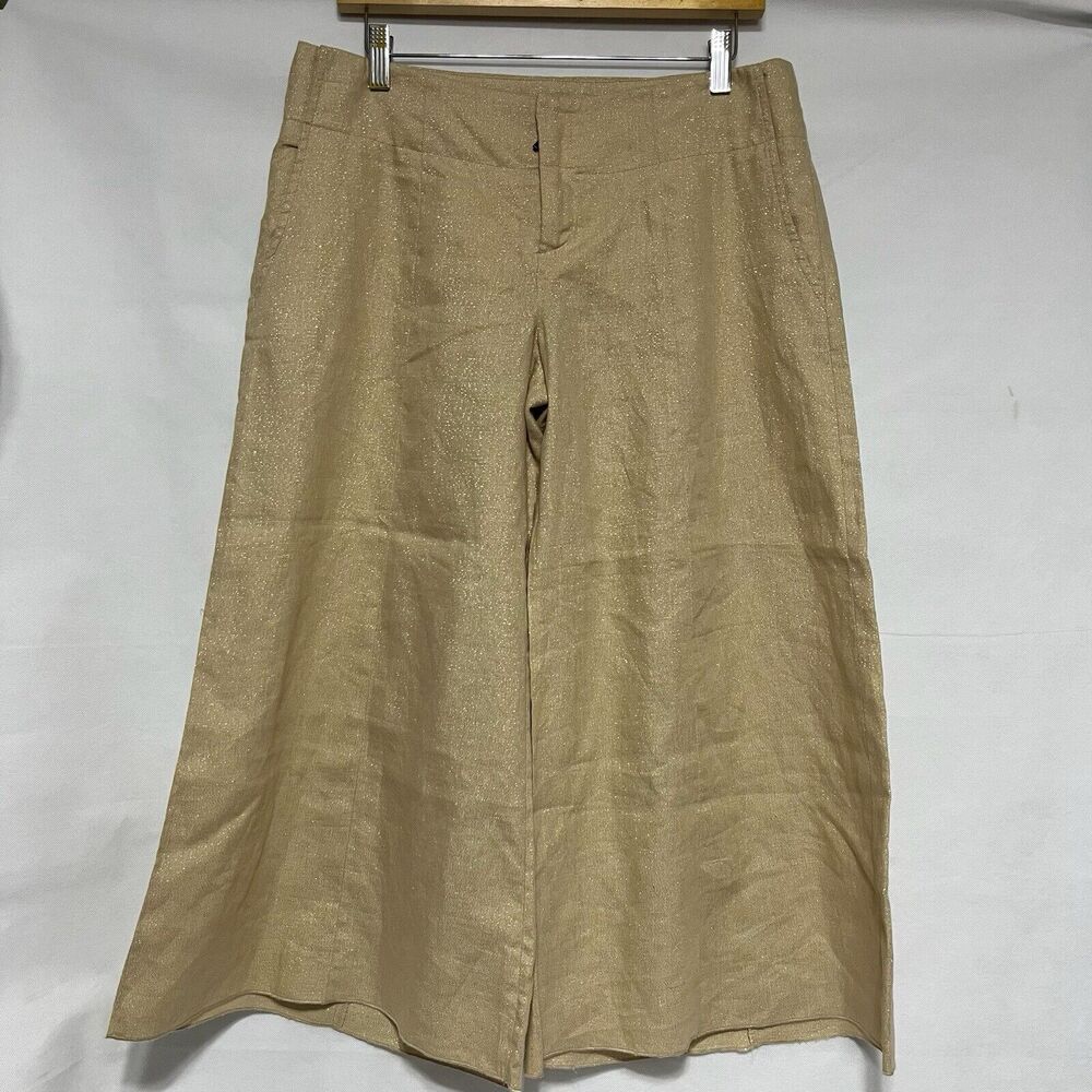 Black Halo Linen Palazzo Wide Leg Capri Khaki Metallic Shimmer Tent Pants Sz. 10